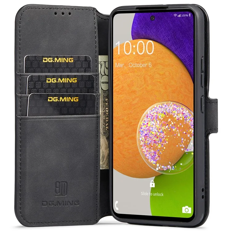 DG.MING Stand Wallet Design Retro Style PU Leather Cover Inner Soft TPU Phone Case for Samsung Galaxy A53 5G - Black