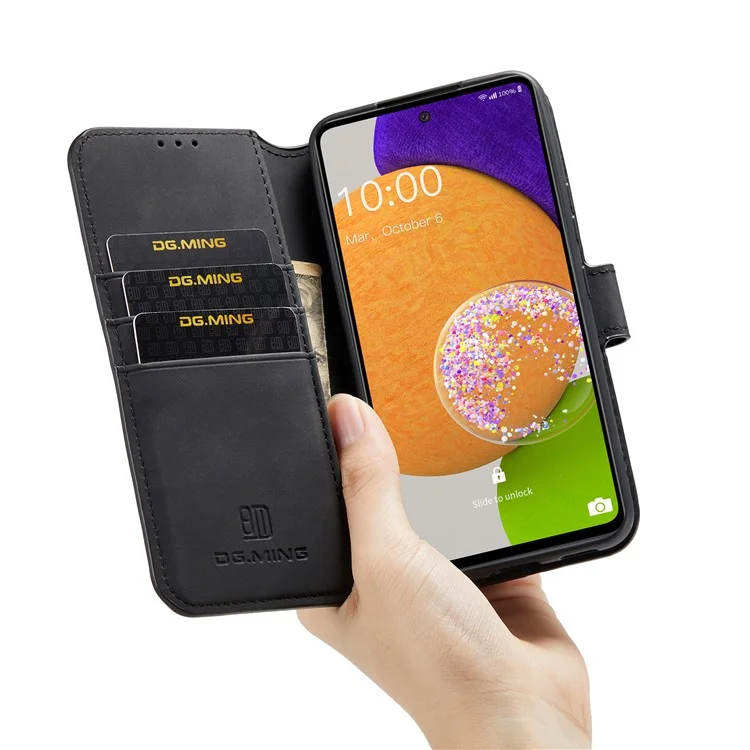 DG.MING Stand Wallet Design Retro Style PU Leather Cover Inner Soft TPU Phone Case for Samsung Galaxy A53 5G - Black