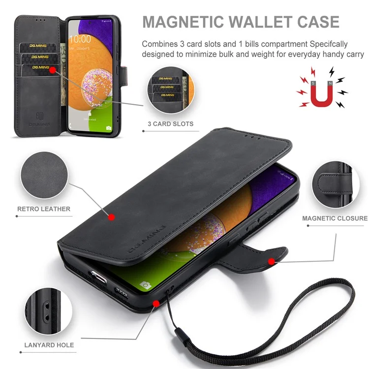 DG.MING Stand Wallet Design Retro Style PU Leather Cover Inner Soft TPU Phone Case for Samsung Galaxy A53 5G - Black