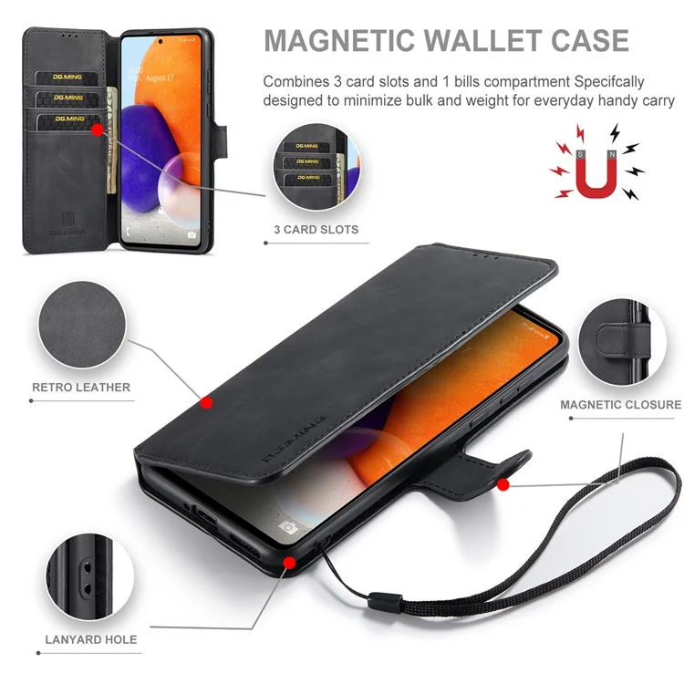 DG.MING Retro Style Shockproof Phone Case PU Leather Stand Wallet Magnetic Clasp Cover for Samsung Galaxy A73 5G - Black