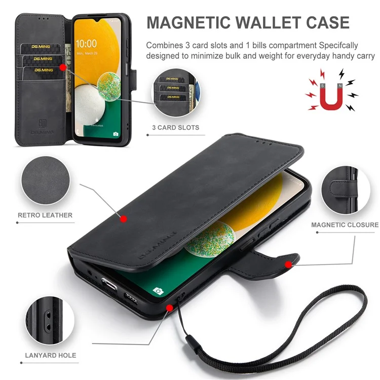 DG.MING Retro Style Magnetic Clasp PU Leather Stand Wallet Phone Case Protector for Samsung Galaxy A13 5G / A04s 4G (164.7 x 76.7 x 9.1 mm) - Negro