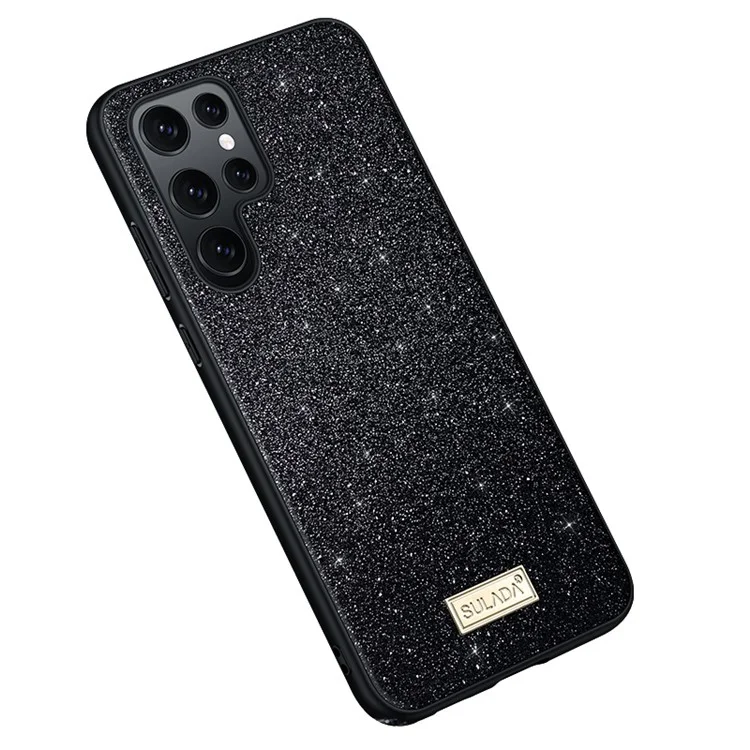 SULADA Shiny Glitters Anti-scratch Phone Case PU Leather Coated PC + TPU Hybrid Cover per Samsung Galaxy S22 Ultra 5G - Nero