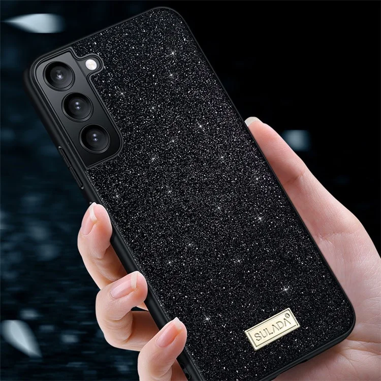 SULADA Shiny Glitters Anti-scratch Phone Case PU Leather Coated PC + TPU Hybrid Cover per Samsung Galaxy S22 Ultra 5G - Nero