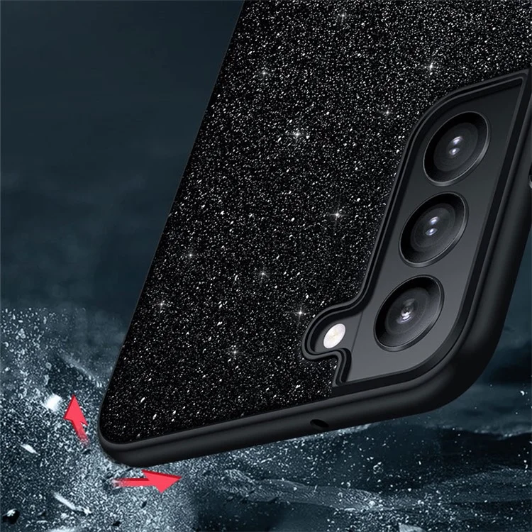 SULADA Shiny Glitters Anti-scratch Phone Case PU Leather Coated PC + TPU Hybrid Cover per Samsung Galaxy S22 Ultra 5G - Nero