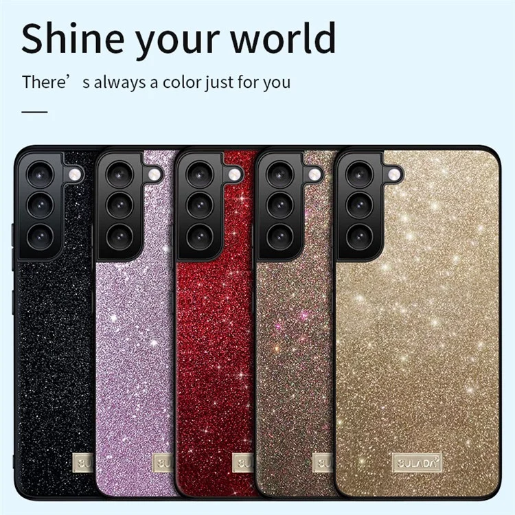 SULADA Shiny Glitters Anti-scratch Phone Case PU Leather Coated PC + TPU Hybrid Cover per Samsung Galaxy S22 Ultra 5G - Nero