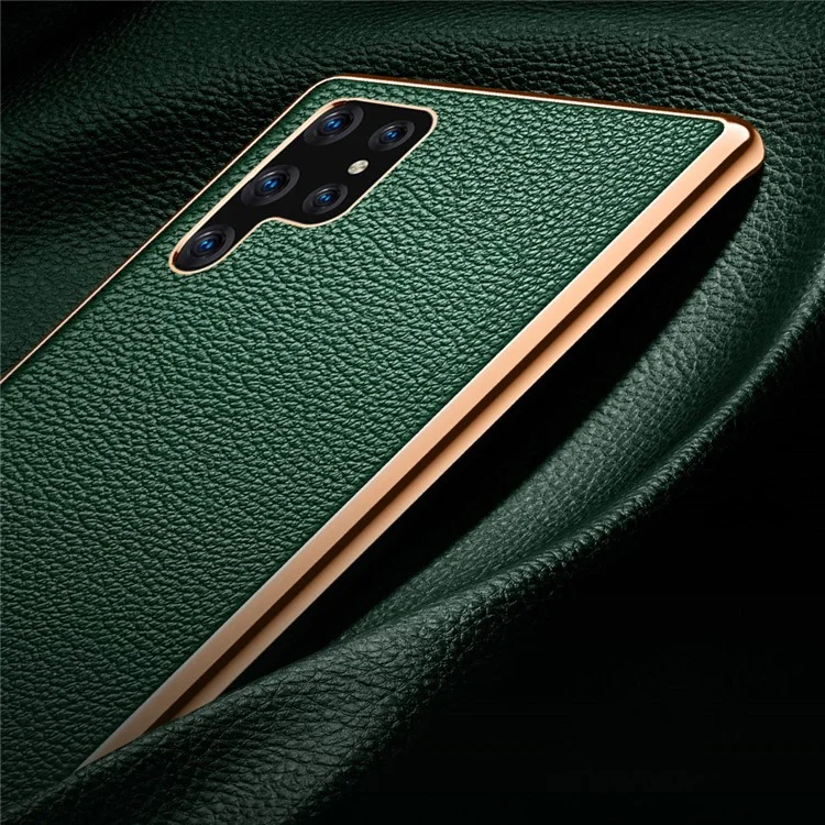 SULADA Litchi Texture Electroplating PU Leather Coated PC + TPU Hybrid Shell Anti-scratch Phone Case Cover for Samsung Galaxy S22 Ultra 5G - Green