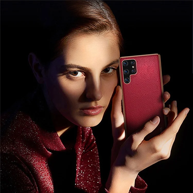 SULADA Litchi Texture Electroplating PU Leather Coated PC + TPU Hybrid Shell Anti-scratch Phone Case Cover for Samsung Galaxy S22 Ultra 5G - Green