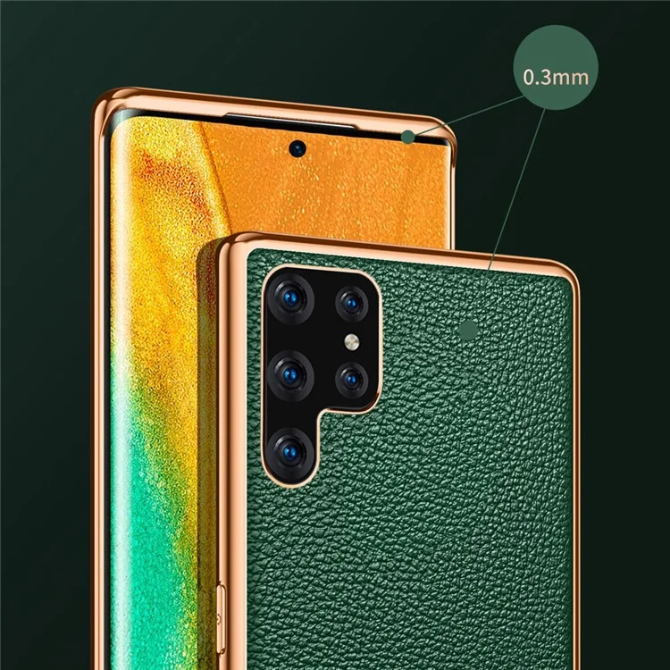SULADA Litchi Texture Electroplating PU Leather Coated PC + TPU Hybrid Shell Anti-scratch Phone Case Cover for Samsung Galaxy S22 Ultra 5G - Green