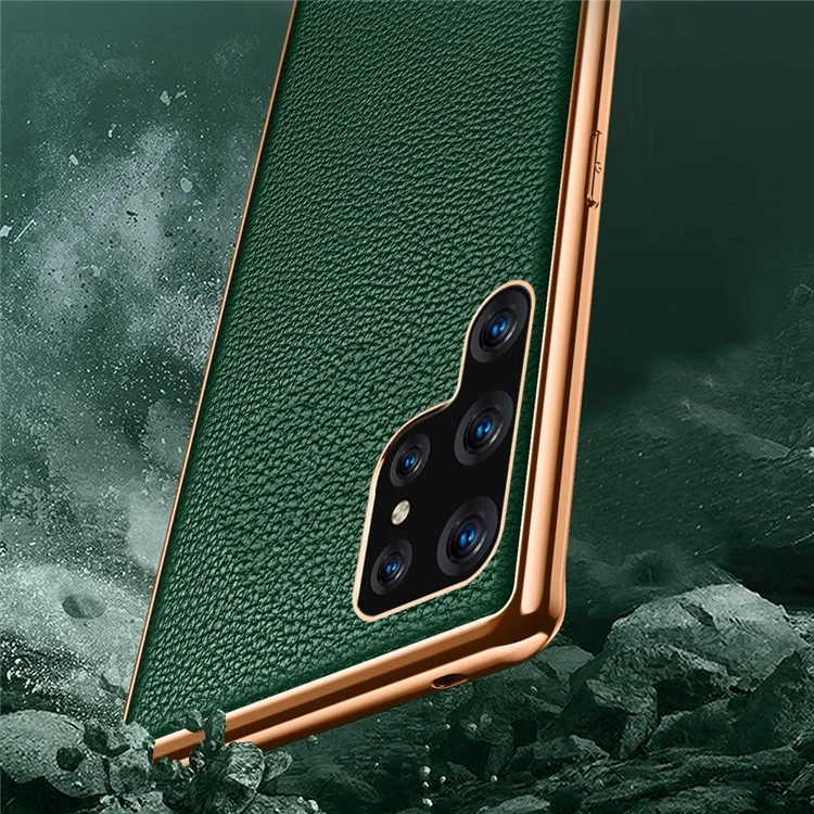 SULADA Litchi Texture Electroplating PU Leather Coated PC + TPU Hybrid Shell Anti-scratch Phone Case Cover for Samsung Galaxy S22 Ultra 5G - Green