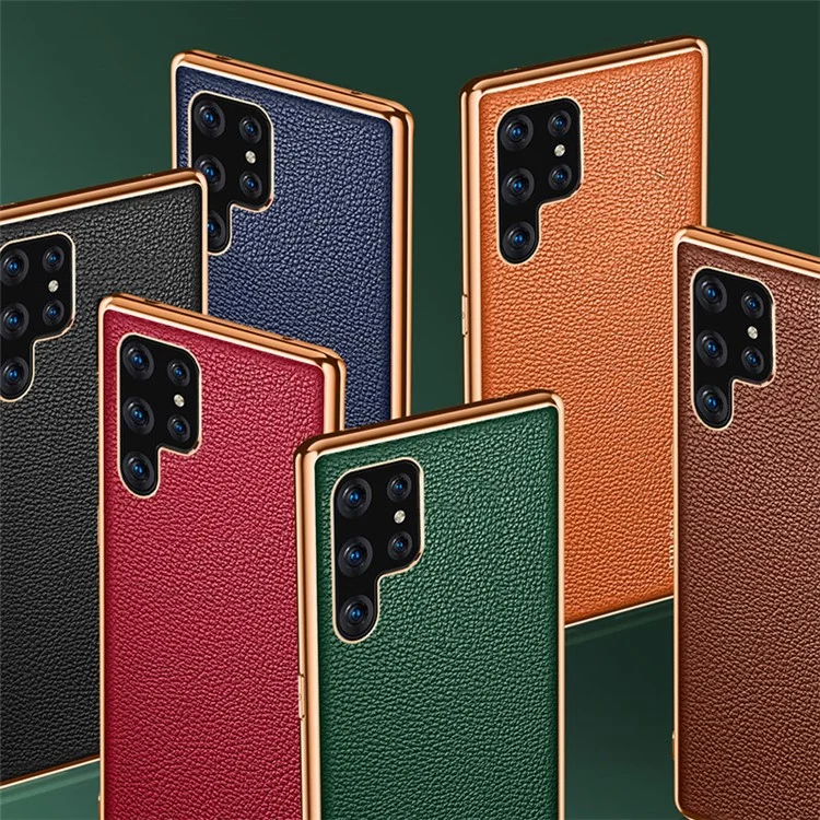 SULADA Litchi Texture Electroplating PU Leather Coated PC + TPU Hybrid Shell Anti-scratch Phone Case Cover for Samsung Galaxy S22 Ultra 5G - Green