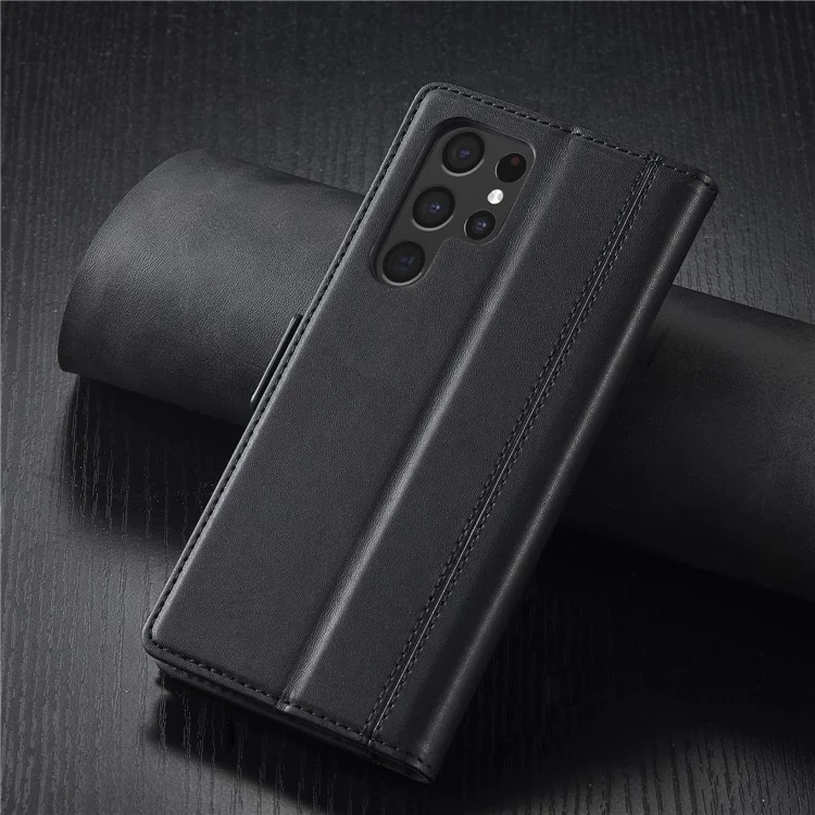 LC.IMEEKE PU-Leder-Cover-Ständer-Geldbörse mit doppeltem Magnetverschluss, Handyhülle für Samsung Galaxy S22 Ultra 5G - Schwarz