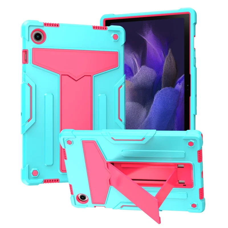 Foldable T-shaped Tablet Case with Kickstand PC Silicone Shockproof Protector Cover for Samsung Galaxy Tab A8 10.5 (2021) / A8 10.5 (2022) - Aqua + Rose