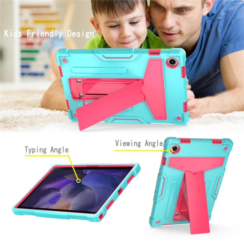 Foldable T-shaped Tablet Case with Kickstand PC Silicone Shockproof Protector Cover for Samsung Galaxy Tab A8 10.5 (2021) / A8 10.5 (2022) - Aqua + Rose