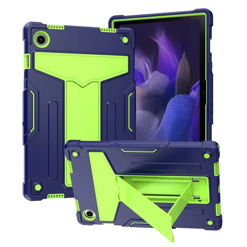 Foldable T-shaped Tablet Case with Kickstand PC Silicone Shockproof Protector Cover for Samsung Galaxy Tab A8 10.5 (2021) / A8 10.5 (2022) - Navy-blue + Olivine