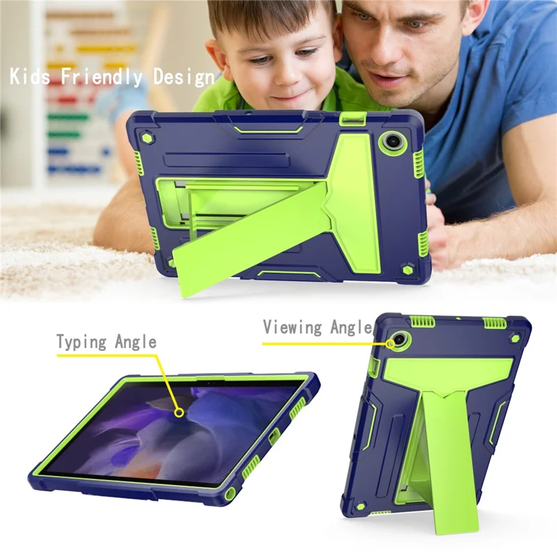 Foldable T-shaped Tablet Case with Kickstand PC Silicone Shockproof Protector Cover for Samsung Galaxy Tab A8 10.5 (2021) / A8 10.5 (2022) - Navy-blue + Olivine