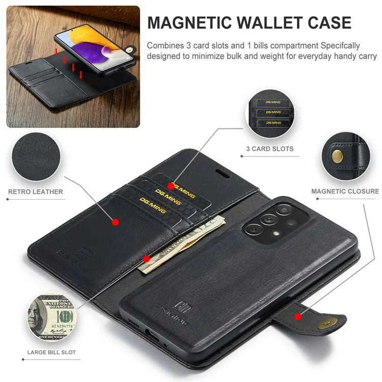 DG.MING Portafoglio in pelle divisa Custodia per telefono a portafoglio Folio Flip Magnetica Supporto staccabile per Samsung Galaxy A73 5G - Nero