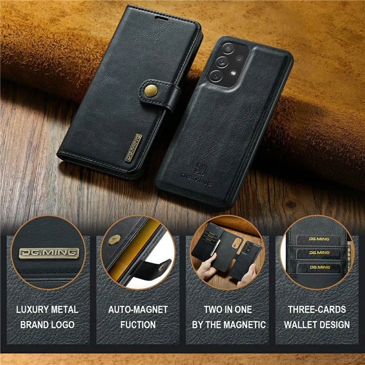 DG.MING Portafoglio in pelle divisa Custodia per telefono a portafoglio Folio Flip Magnetica Supporto staccabile per Samsung Galaxy A73 5G - Nero
