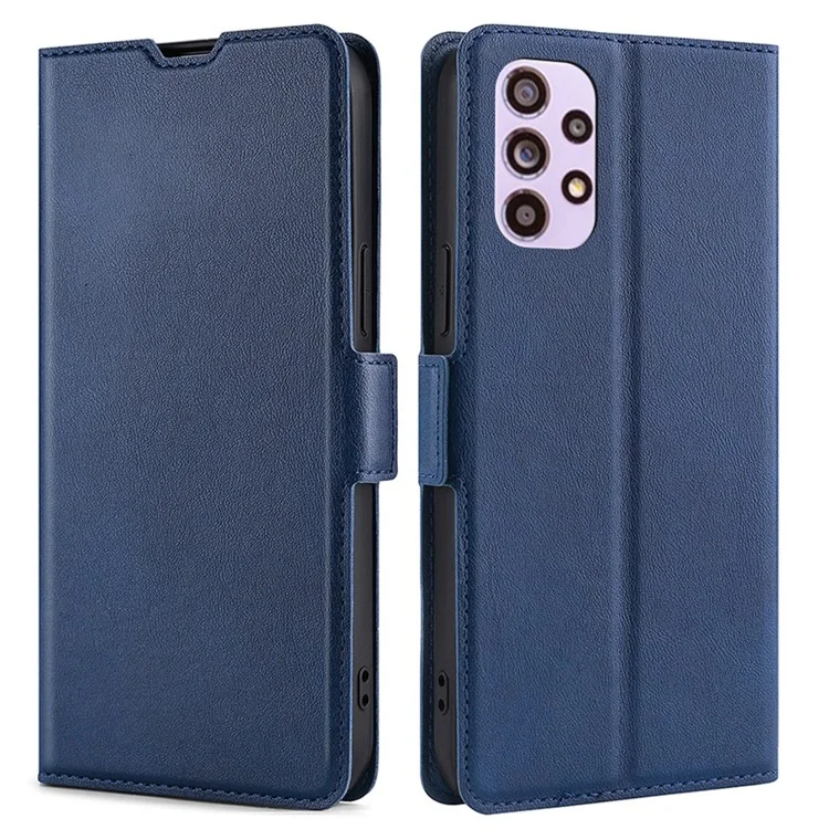 Diseño de ranura para tarjeta Cierre magnético lateral Protección general Funda de teléfono de piel sintética con soporte para Samsung Galaxy A33 5G - Azul