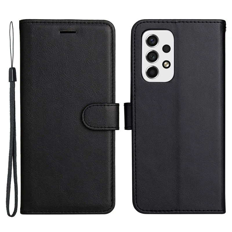 For Samsung Galaxy A53 5G Case Solid Color Leather Mobile Cover Wallet Stand with Strap - Black