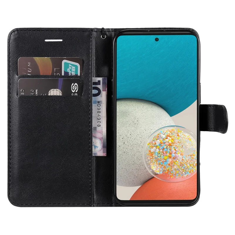For Samsung Galaxy A53 5G Case Solid Color Leather Mobile Cover Wallet Stand with Strap - Black