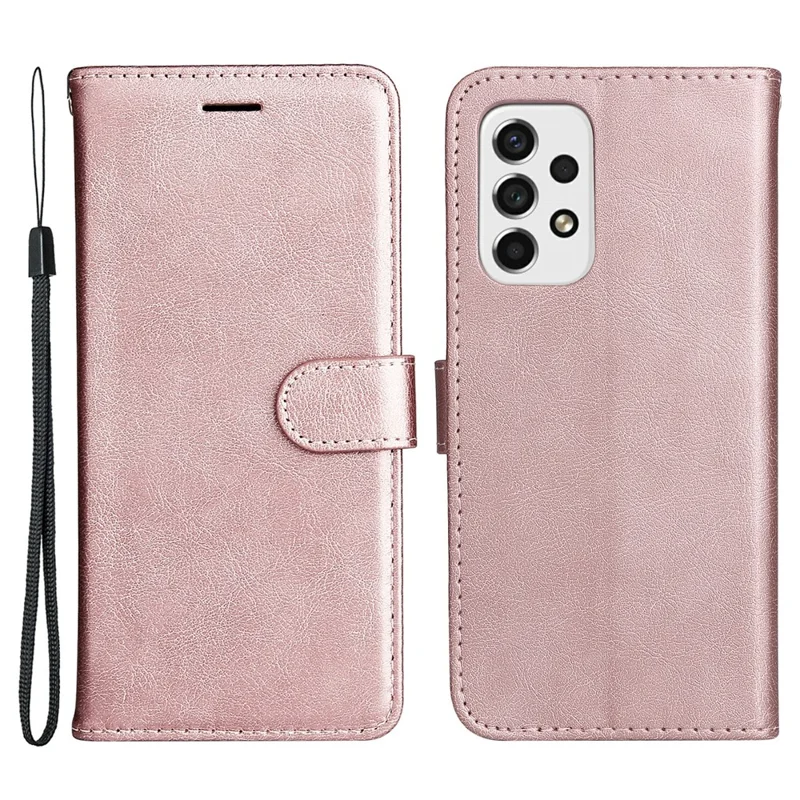 For Samsung Galaxy A53 5G Case Solid Color Leather Mobile Cover Wallet Stand with Strap - Rose Gold