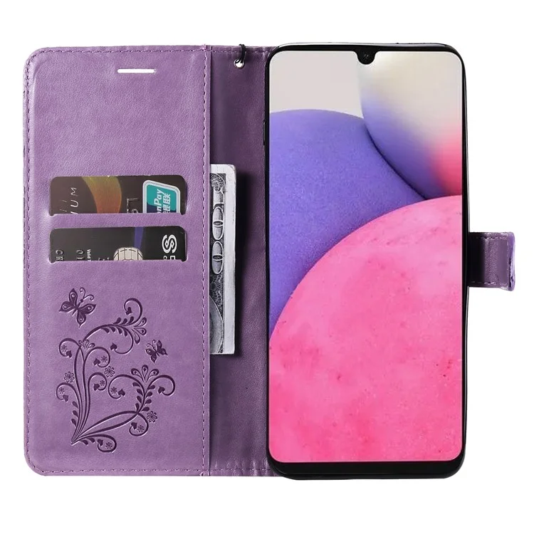 KT Impresión de Flores Serie-2 Imprimida Butterfly Magnetic Soport Willet PU Case de la Caja Del Teléfono de Cuero Con Correa Para Samsung Galaxy A33 5G - Violeta