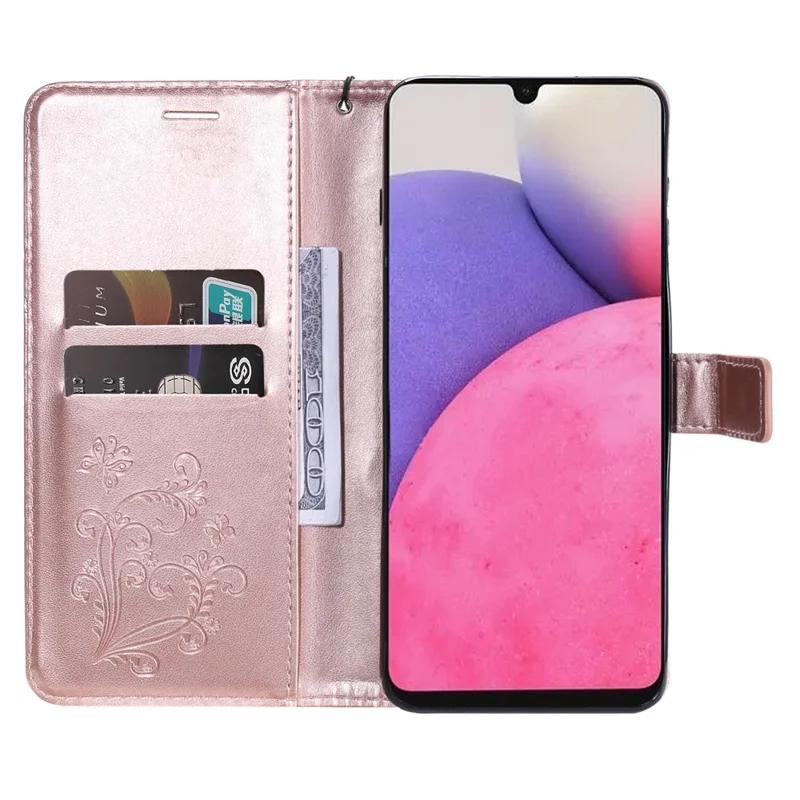 For Samsung Galaxy A33 5G Wallet Case Floral Butterfly Imprinted Leather Phone Cover Stand - Rose Gold