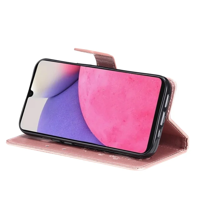 For Samsung Galaxy A33 5G Wallet Case Floral Butterfly Imprinted Leather Phone Cover Stand - Rose Gold