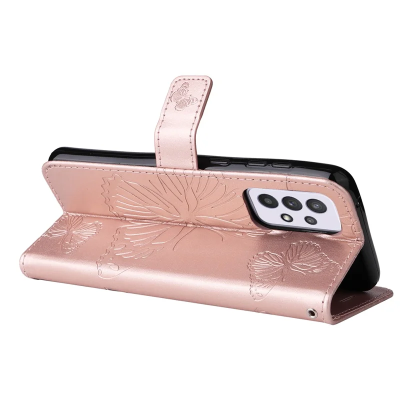 For Samsung Galaxy A33 5G Wallet Case Floral Butterfly Imprinted Leather Phone Cover Stand - Rose Gold