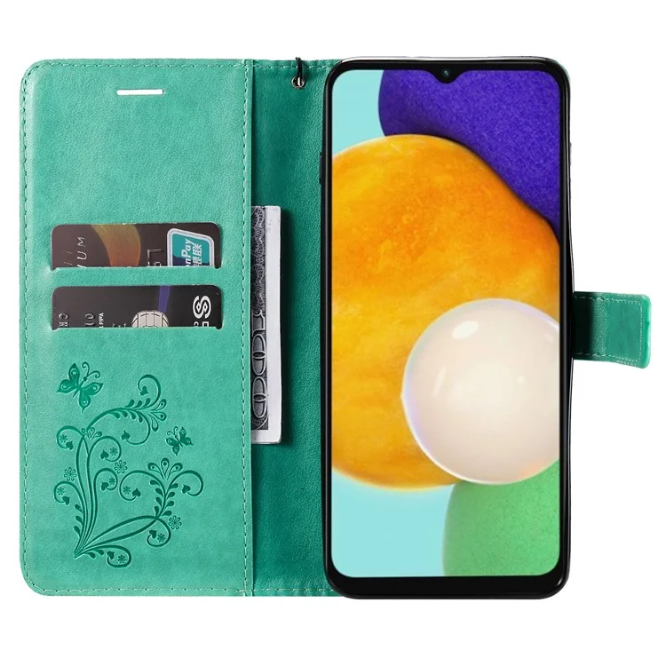 KT Impresión de Flower Series-2 Patrón de Mariposa Impreso PU Cuero de Cuero Capilla Con Billetera Para Stand Para Samsung Galaxy A13 4G - Verde