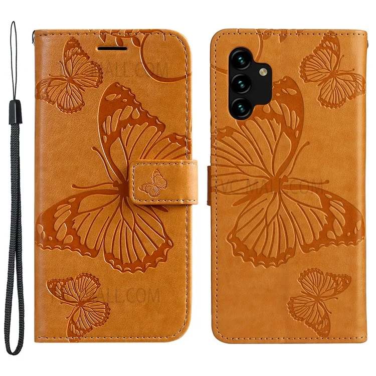 KT Impression de Fleurs Série-2 Modèle de Papillon Imprimé PU le Cuir de Téléphone Mobile Coque Avec Portefeuille Samsung Galaxy A13 4G - Jaune