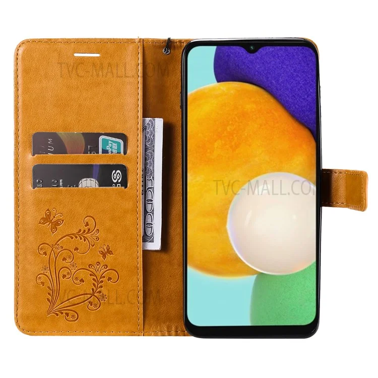 For Samsung Galaxy A13 4G Wallet Case Floral Butterfly Imprinted Leather Phone Cover Stand - Yellow