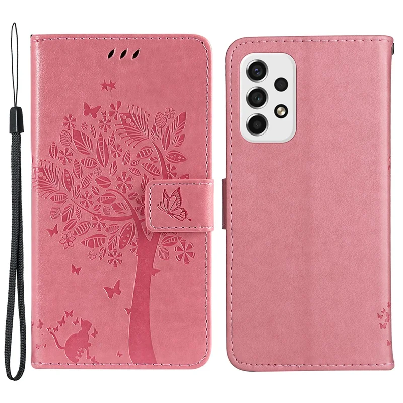 Wallet Design KT Imprinting Flower Series-3 Cat Tree Pattern Imprinted PU Leather Case Stand Magnetic Flip Shockproof Cover with Strap for Samsung Galaxy A53 5G - Pink