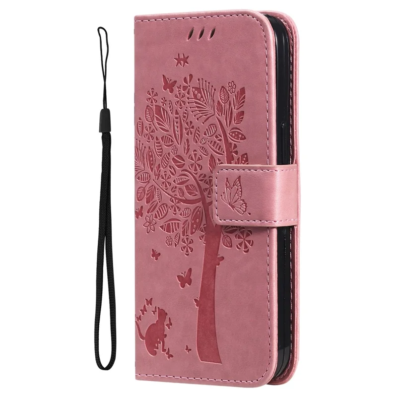 Wallet Design KT Imprinting Flower Series-3 Cat Tree Pattern Imprinted PU Leather Case Stand Magnetic Flip Shockproof Cover with Strap for Samsung Galaxy A53 5G - Pink