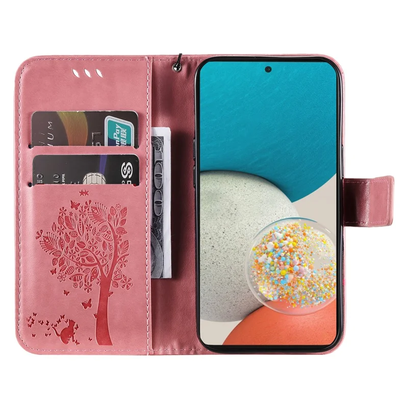 Wallet Design KT Imprinting Flower Series-3 Cat Tree Pattern Imprinted PU Leather Case Stand Magnetic Flip Shockproof Cover with Strap for Samsung Galaxy A53 5G - Pink