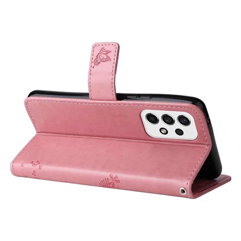 Wallet Design KT Imprinting Flower Series-3 Cat Tree Pattern Imprinted PU Leather Case Stand Magnetic Flip Shockproof Cover with Strap for Samsung Galaxy A53 5G - Pink