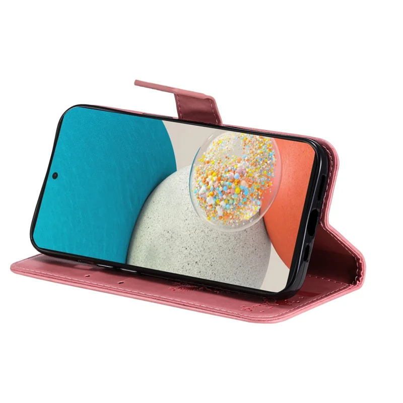 Wallet Design KT Imprinting Flower Series-3 Cat Tree Pattern Imprinted PU Leather Case Stand Magnetic Flip Shockproof Cover with Strap for Samsung Galaxy A53 5G - Pink
