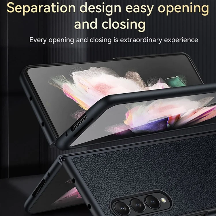 SULADA Full Body Protection Litchi Texture PU Leather Coating PC Mobile Phone Case for Samsung W22 5G/Galaxy Z Fold3 5G - Black