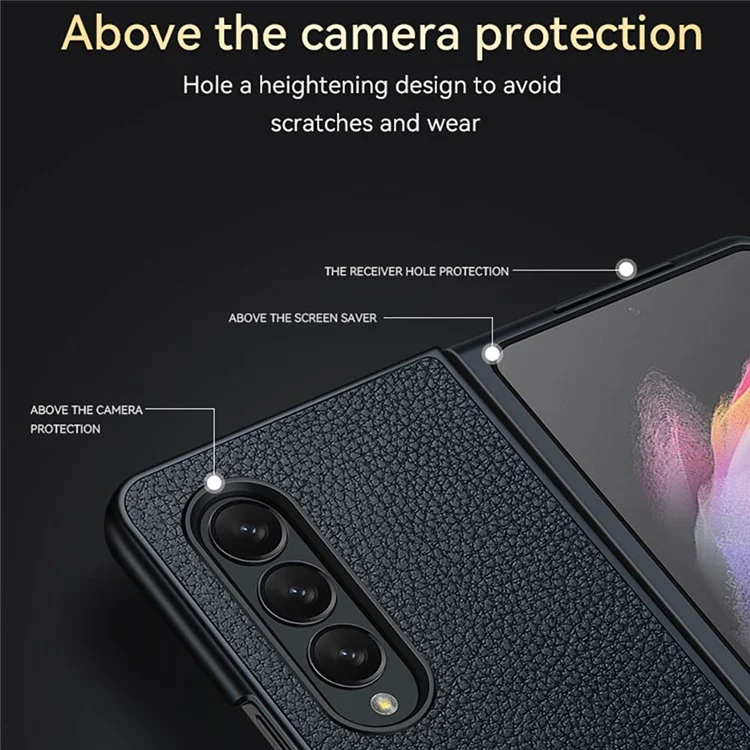 SULADA Full Body Protection Litchi Texture PU Leather Coating PC Mobile Phone Case for Samsung W22 5G/Galaxy Z Fold3 5G - Black