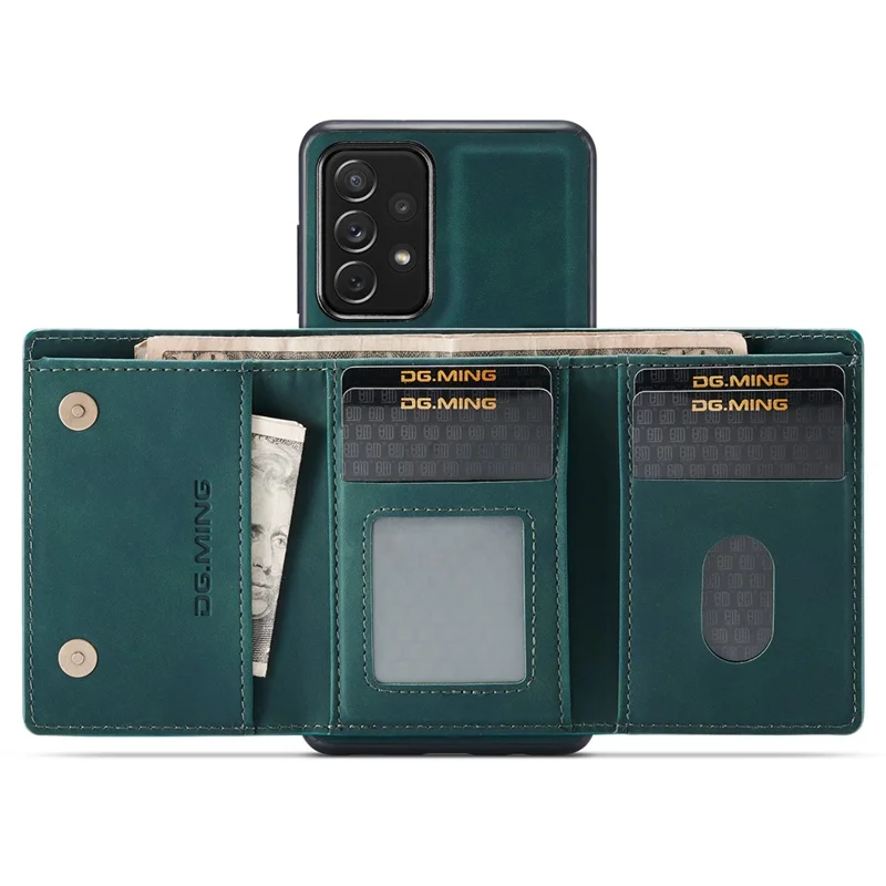 DG.MING M1 Series Phone Case PU + TPU + PC Back Cover with Magnetic Tri-Fold Wallet Kickstand for Samsung Galaxy A73 5G - Green