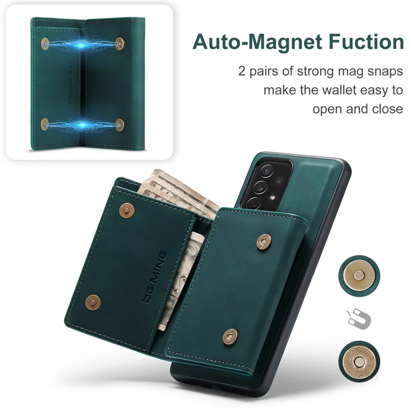 DG.MING M1 Series Phone Case PU + TPU + PC Back Cover with Magnetic Tri-Fold Wallet Kickstand for Samsung Galaxy A73 5G - Green