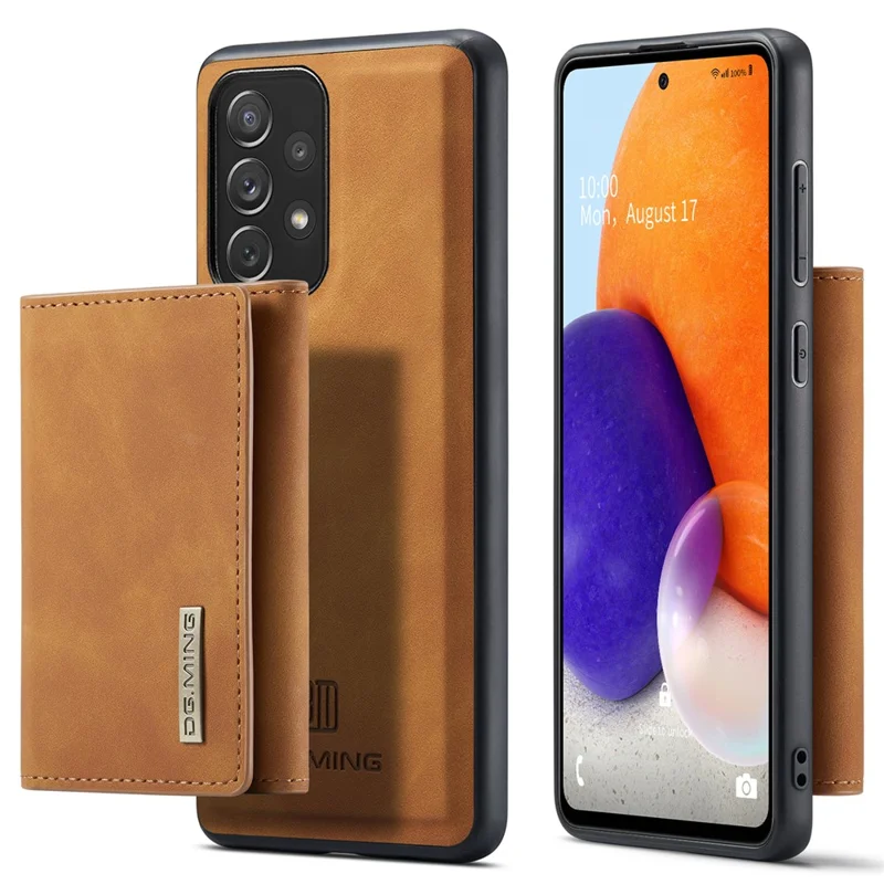 DG.MING M1 Series Phone Case PU + TPU + PC Back Cover with Magnetic Tri-Fold Wallet Kickstand for Samsung Galaxy A73 5G - Brown