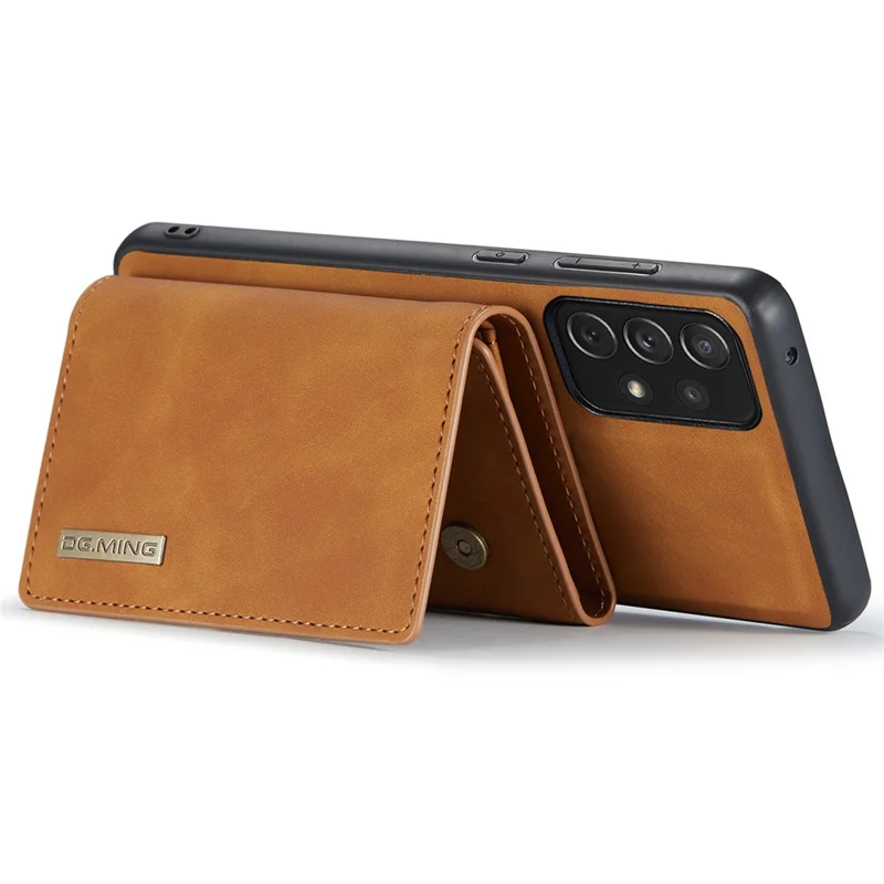 DG.MING M1 Series Phone Case PU + TPU + PC Back Cover with Magnetic Tri-Fold Wallet Kickstand for Samsung Galaxy A73 5G - Brown