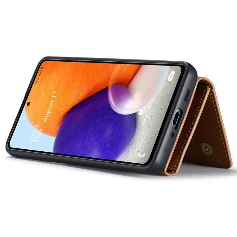 DG.MING M1 Series Phone Case PU + TPU + PC Back Cover with Magnetic Tri-Fold Wallet Kickstand for Samsung Galaxy A73 5G - Brown