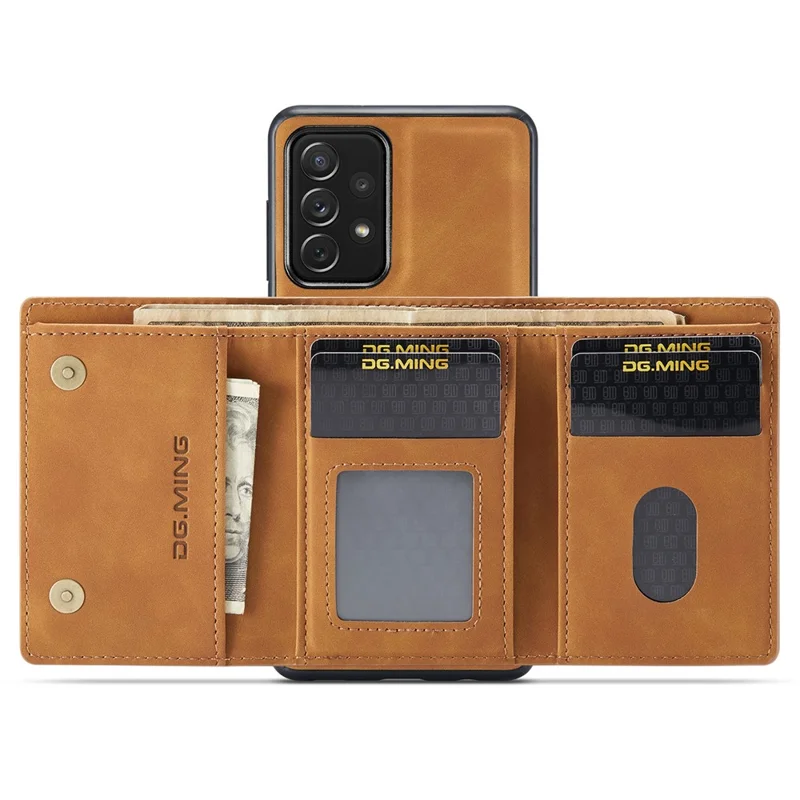 DG.MING M1 Series Phone Case PU + TPU + PC Back Cover with Magnetic Tri-Fold Wallet Kickstand for Samsung Galaxy A73 5G - Brown