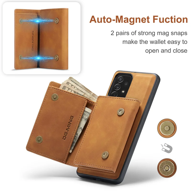 DG.MING M1 Series Phone Case PU + TPU + PC Back Cover with Magnetic Tri-Fold Wallet Kickstand for Samsung Galaxy A73 5G - Brown
