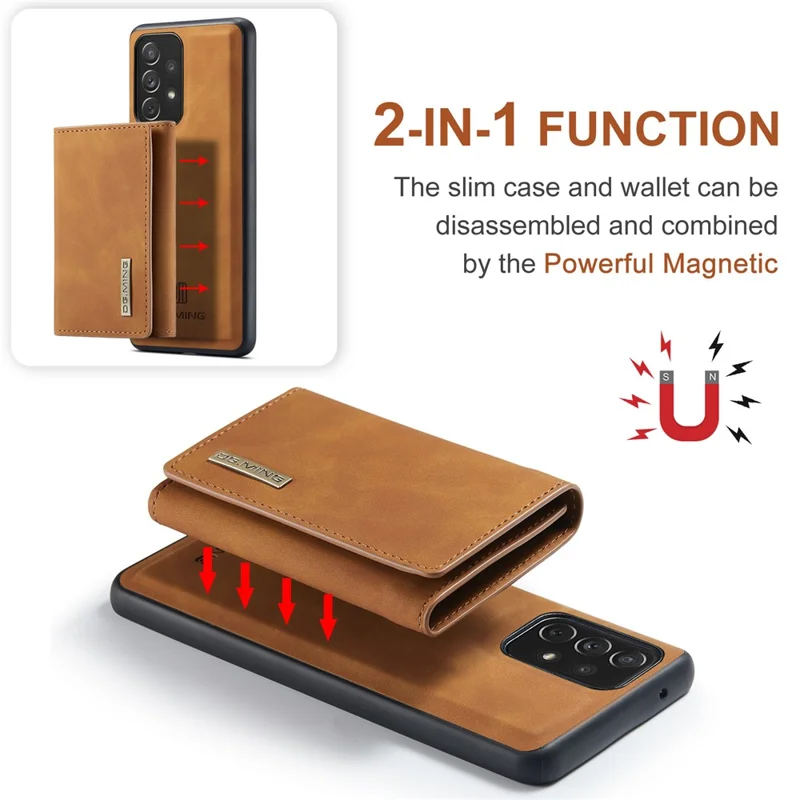 DG.MING M1 Series Phone Case PU + TPU + PC Back Cover with Magnetic Tri-Fold Wallet Kickstand for Samsung Galaxy A73 5G - Brown