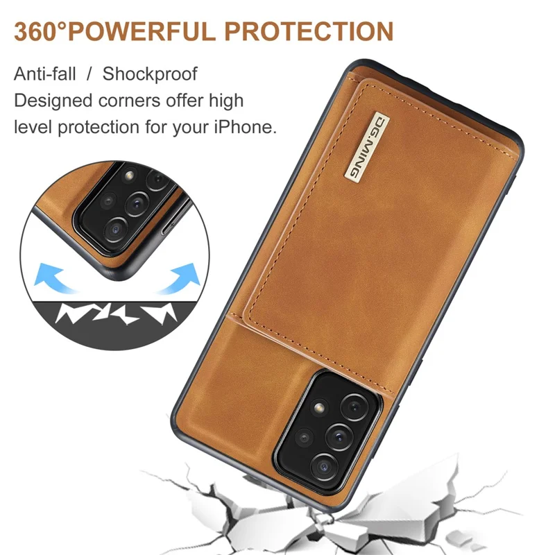 DG.MING M1 Series Phone Case PU + TPU + PC Back Cover with Magnetic Tri-Fold Wallet Kickstand for Samsung Galaxy A73 5G - Brown