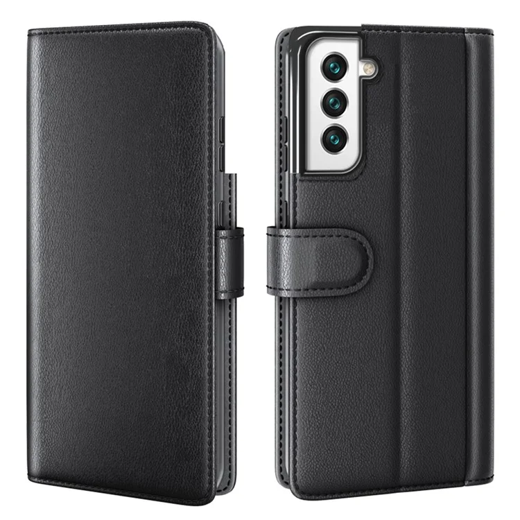Fall Prevention Magnetic Closure Genuine Split Leather Phone Case Stand TPU Wallet Flip Cover for Samsung Galaxy S22+ 5G - Schwarz