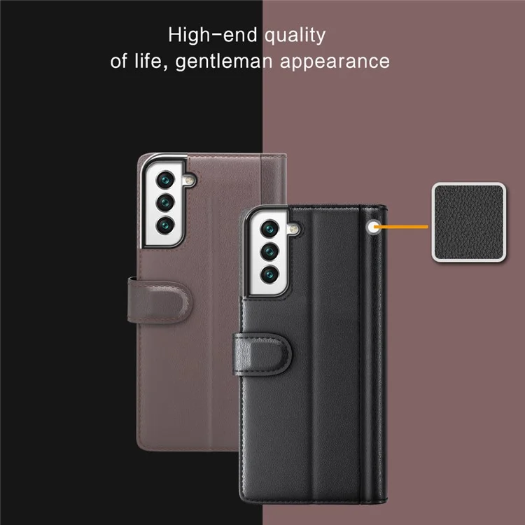Fall Prevention Magnetic Closure Genuine Split Leather Phone Case Stand TPU Wallet Flip Cover for Samsung Galaxy S22+ 5G - Schwarz